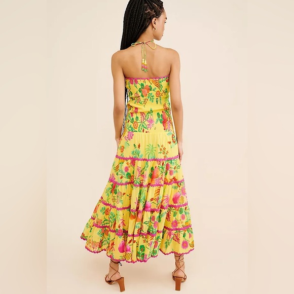 FARM Rio Yellow Delicate Fruit Garden Smocked Maxi Dress Size Small - Picture 3 of 5